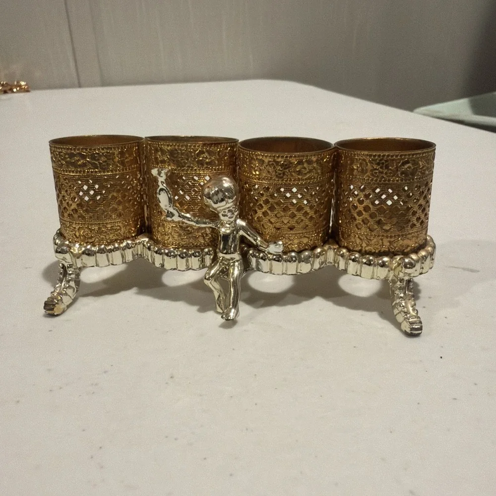 Vtg. Sam Fink Hollywood Regency Gold Filigree 4 Tube Lipstick Holder 1960's